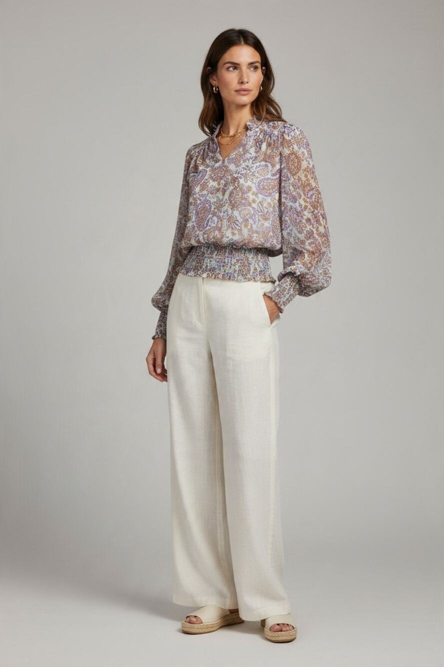 XS top Long-sleeve V-neck chiffon blouse ruffle paisley peasant Rachel Zoe